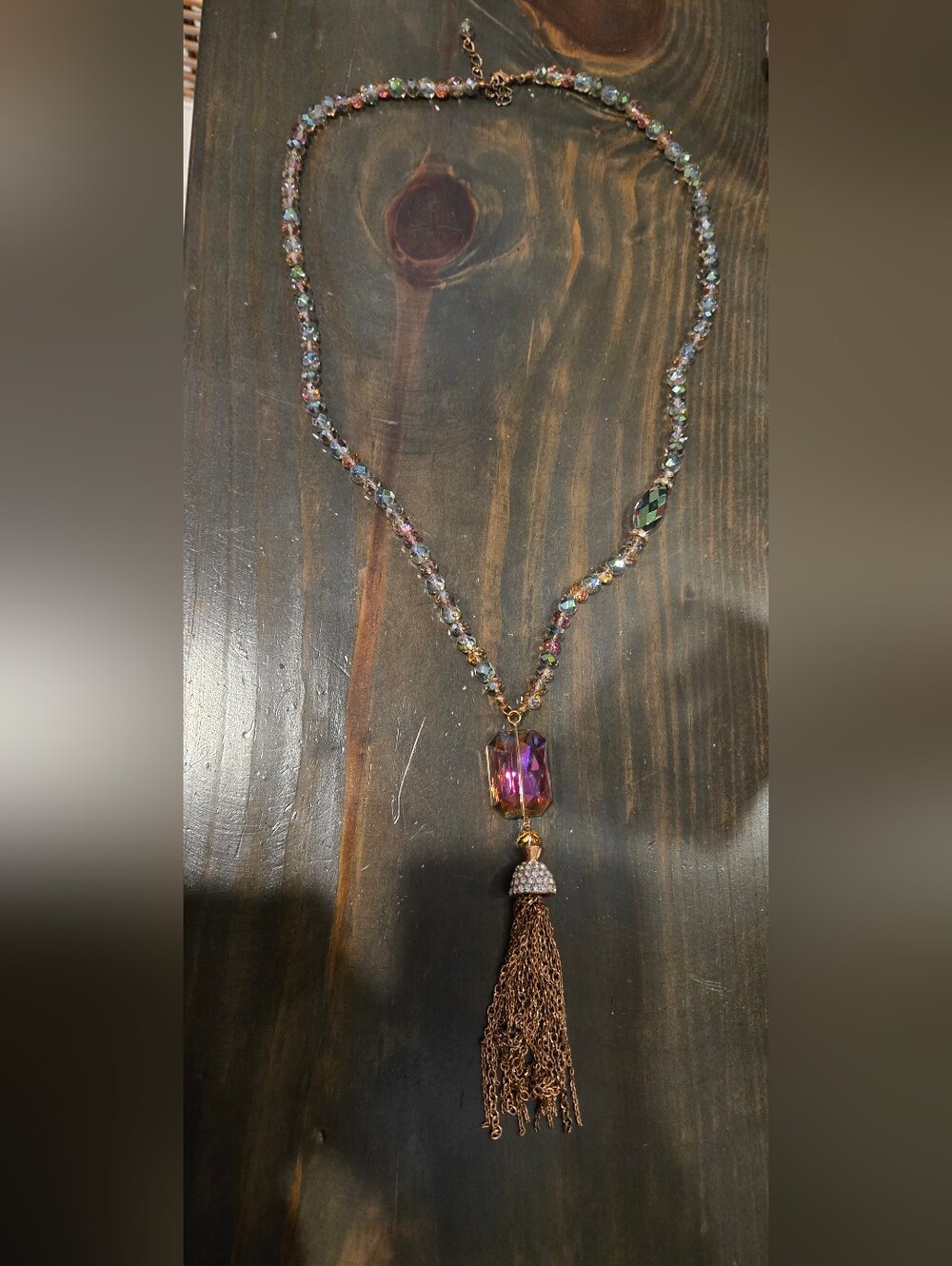 Crystal Bead Tassel Necklace - Purple Multicolor